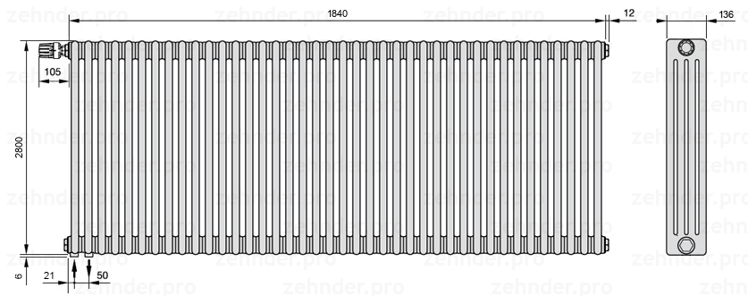 Схема (чертеж) Радиатор Zehnder Charleston 4280/40 №V001 Белый глянцевый RAL 9016